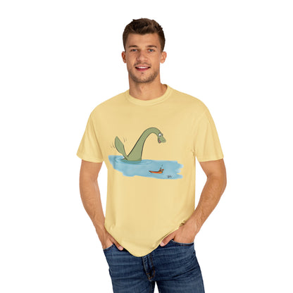 Loch Ness Monster Says Hi Illustrated | Unisex Garment-Dyed T-shirt - T-Shirt | A quirky, joy-filled design from Have Fun Spread Joy.