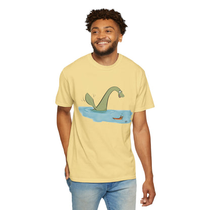 Loch Ness Monster Says Hi Illustrated | Unisex Garment-Dyed T-shirt - T-Shirt | A quirky, joy-filled design from Have Fun Spread Joy.