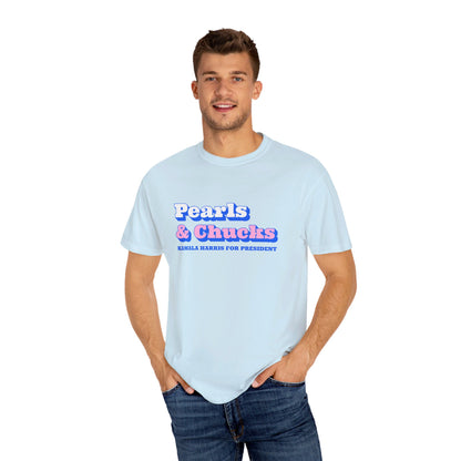 Pearls & Chucks | Kamala Harris for President (Unisex Garment-Dyed T-shirt) - T-Shirt | A quirky, joy-filled design from Have Fun Spread Joy.
