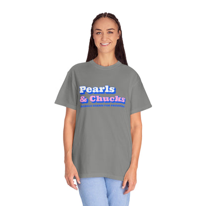 Pearls & Chucks | Kamala Harris for President (Unisex Garment-Dyed T-shirt) - T-Shirt | A quirky, joy-filled design from Have Fun Spread Joy.