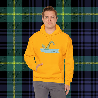 Illustrated Loch Ness Monster Says Hi | Unisex Heavy Blend™ Hooded Sweatshirt - Hoodie | A quirky, joy-filled design from Have Fun Spread Joy.
