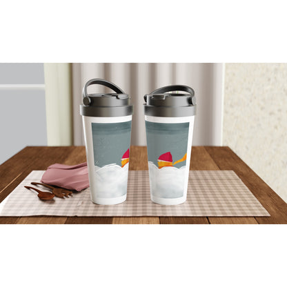 Wintry Walk | White 15oz Stainless Steel Travel Mug - Mug | A quirky, joy-filled design from Have Fun Spread Joy.